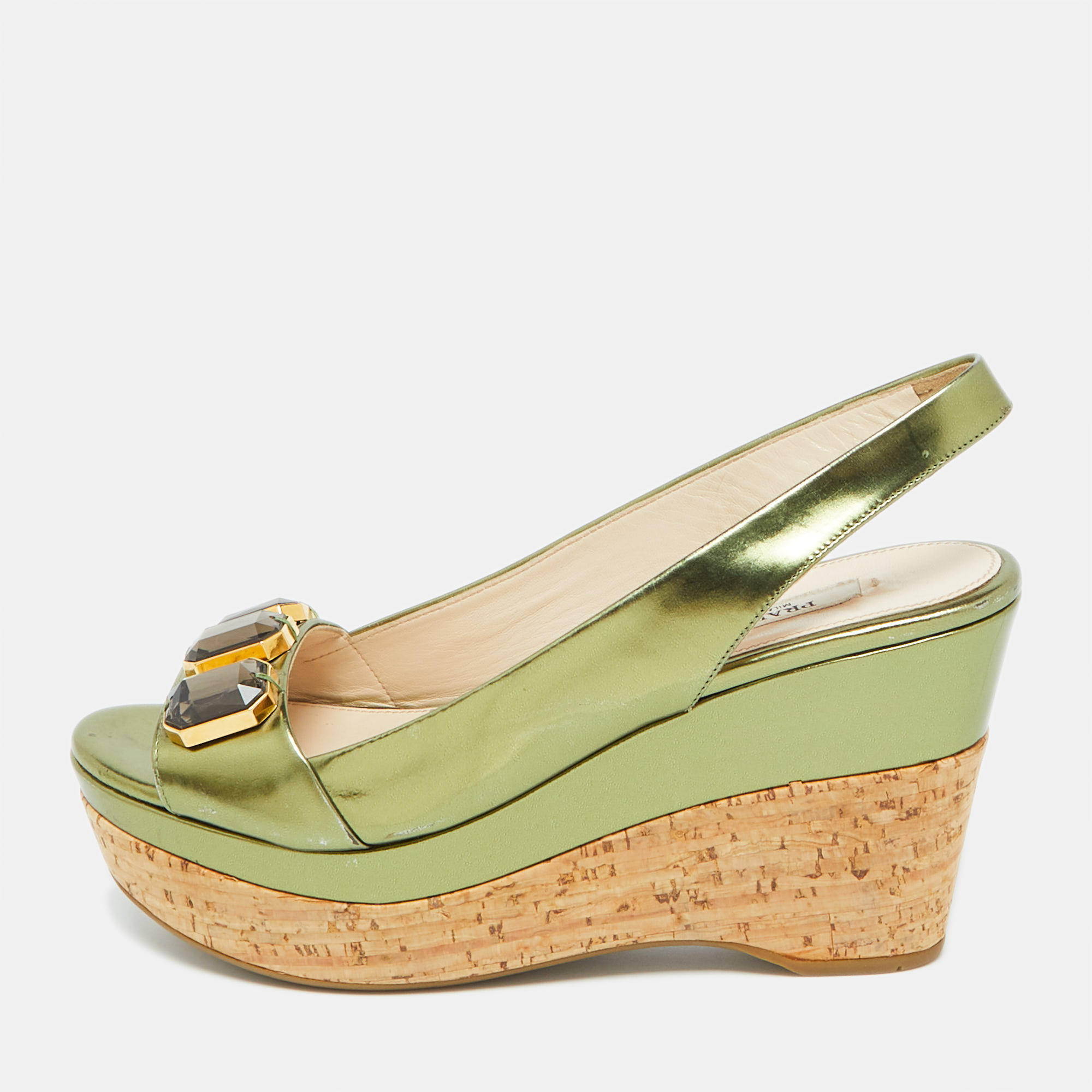 Prada Green Leather Cork Platform Wedge Slingback Sandals Size 36