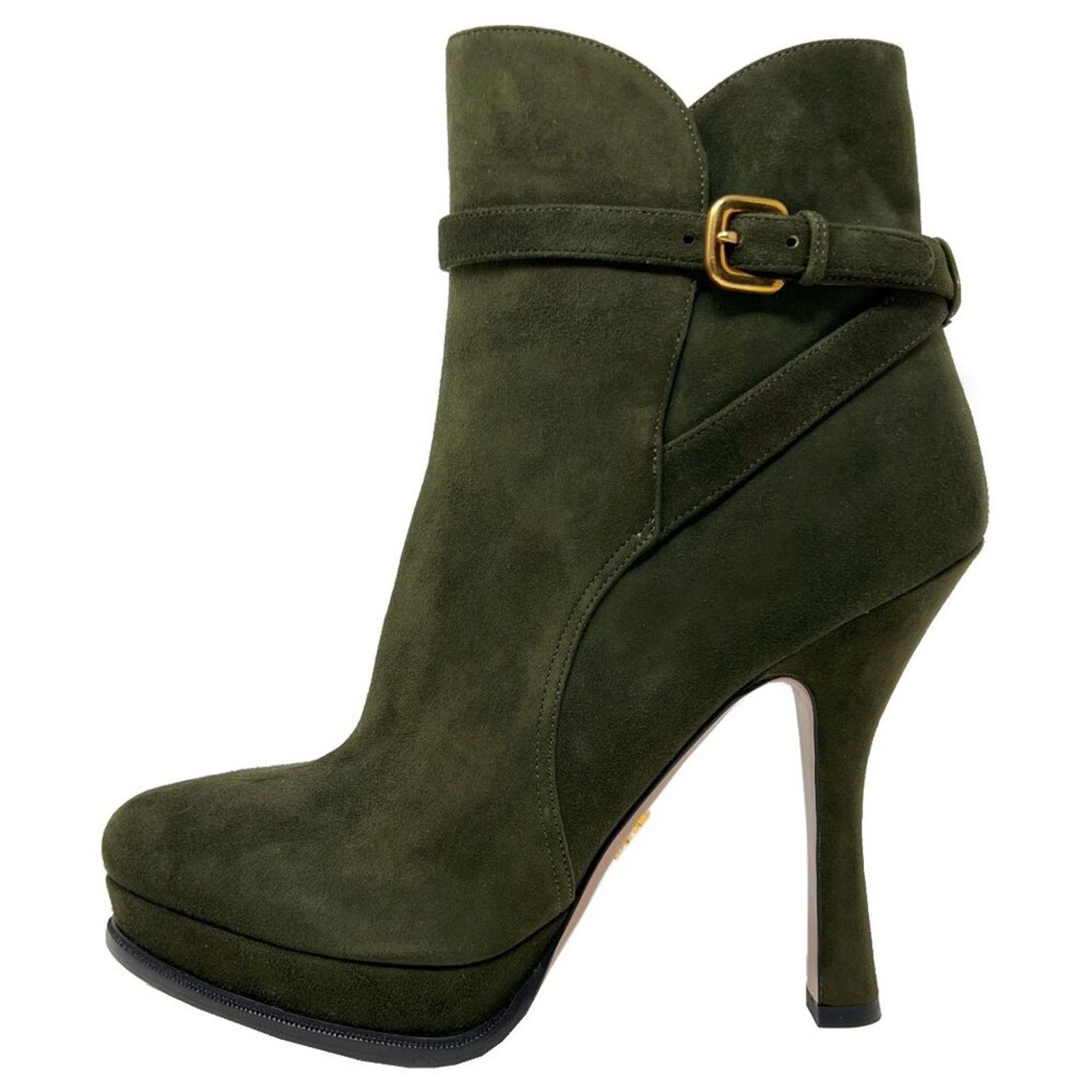 Prada Green Suede Platform Ankle Boots With Gold Buckle, Women's (Size 10)