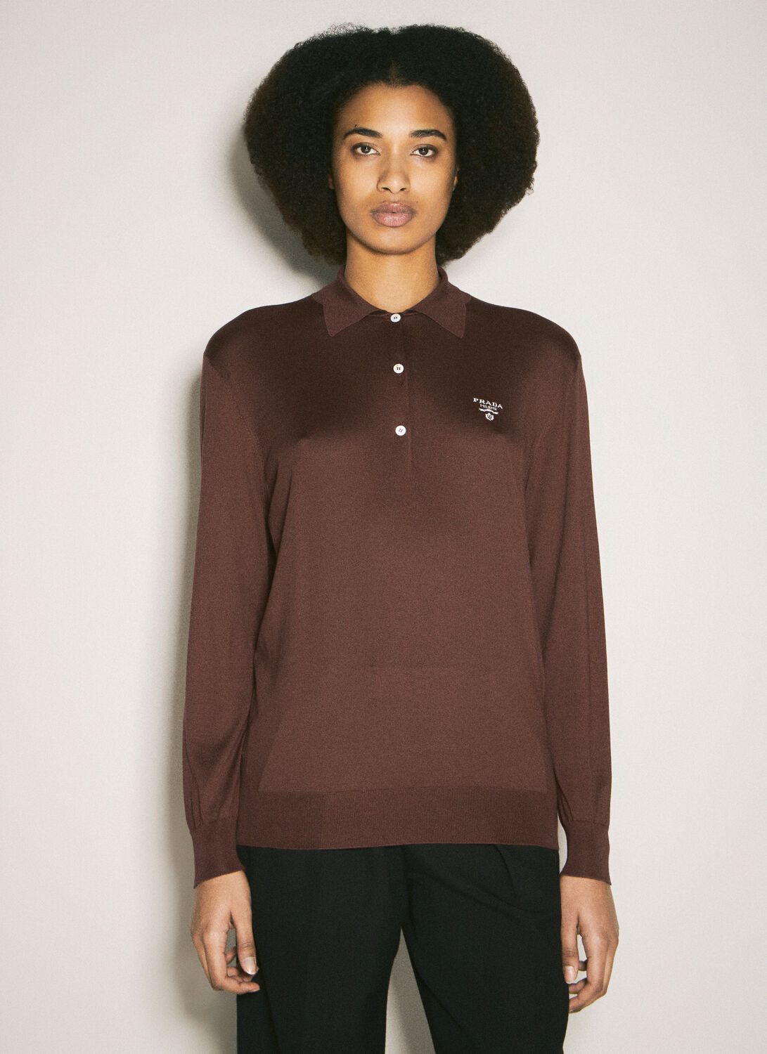 Prada Long-sleeved Silk Polo Shirt - Woman Tops Burgundy It - 40