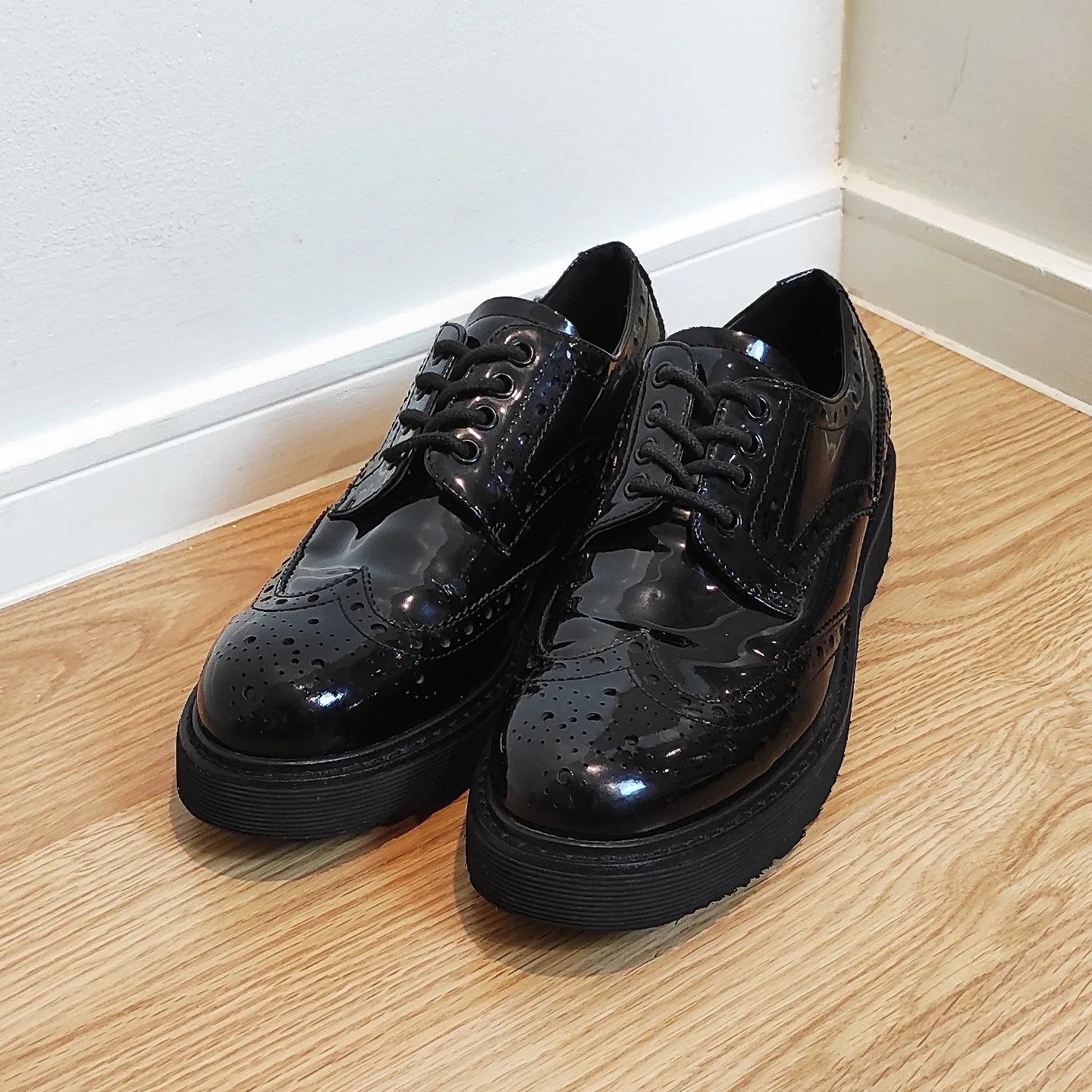 Prada Oxford Derby Brogues Black Patent Leather Shoes, Women's (Size 6)