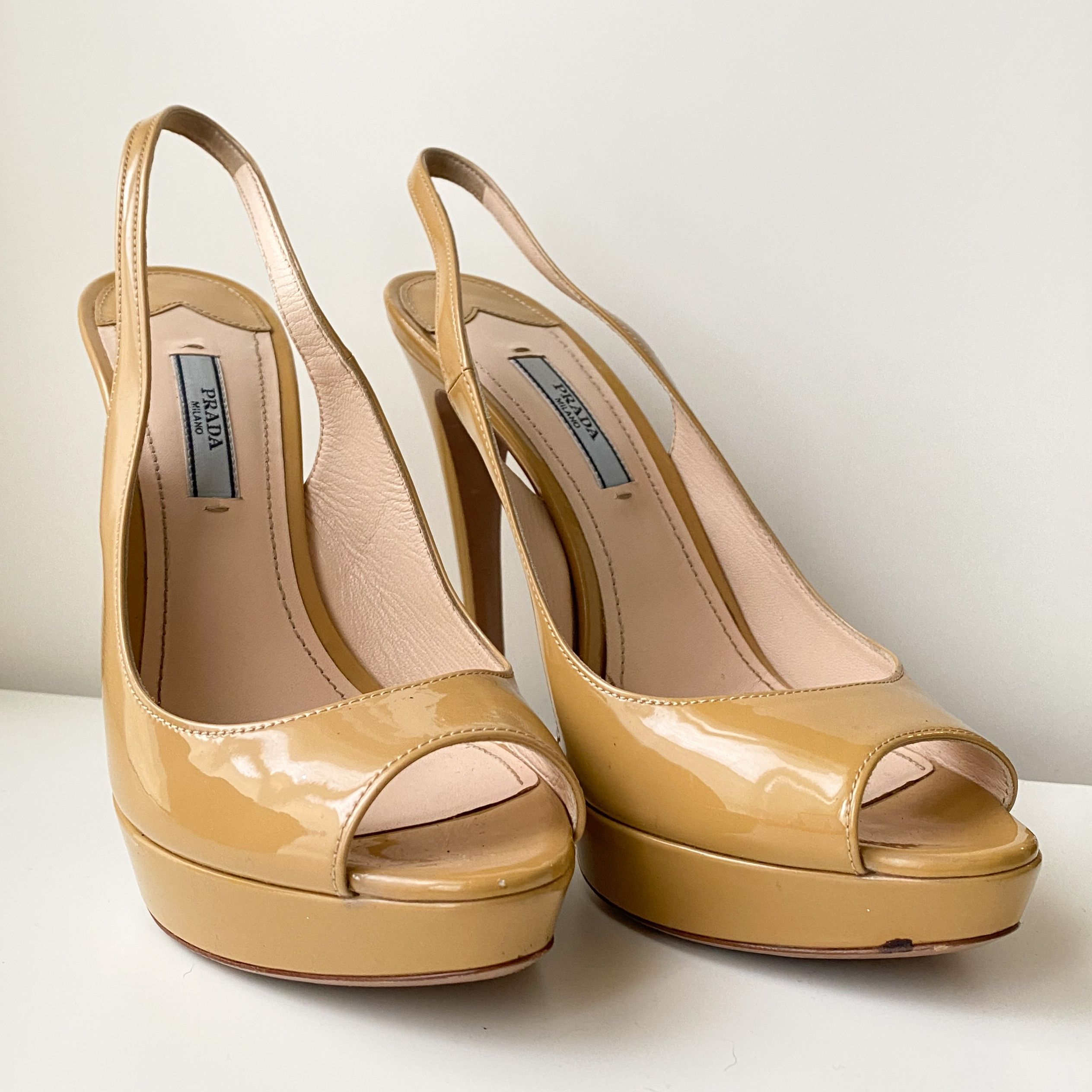 Prada Patent Leather Platform Pumps Open Toe Shoes in Blush, Women's (Size 8)