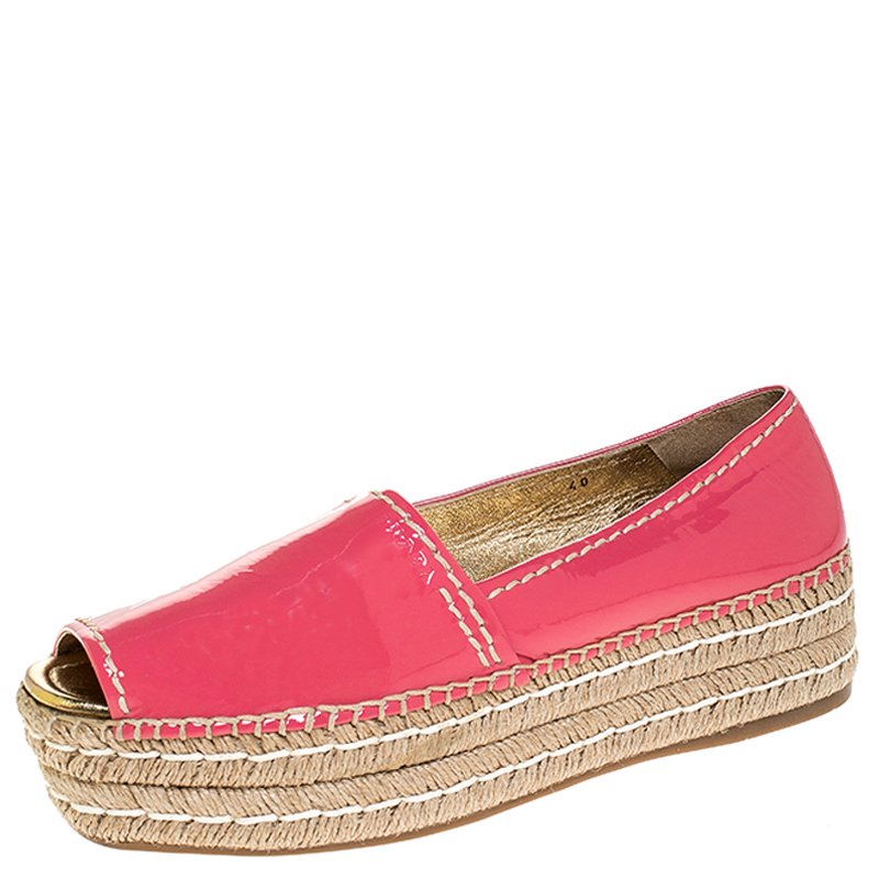 Prada Pink Patent Leather Peep Toe Platform Espadrilles Size 40