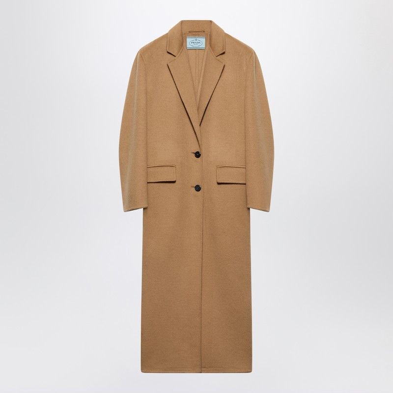 Prada Single-Breasted Camel-Colored Cashgora Coat in Brown, Women's (Size Medium)