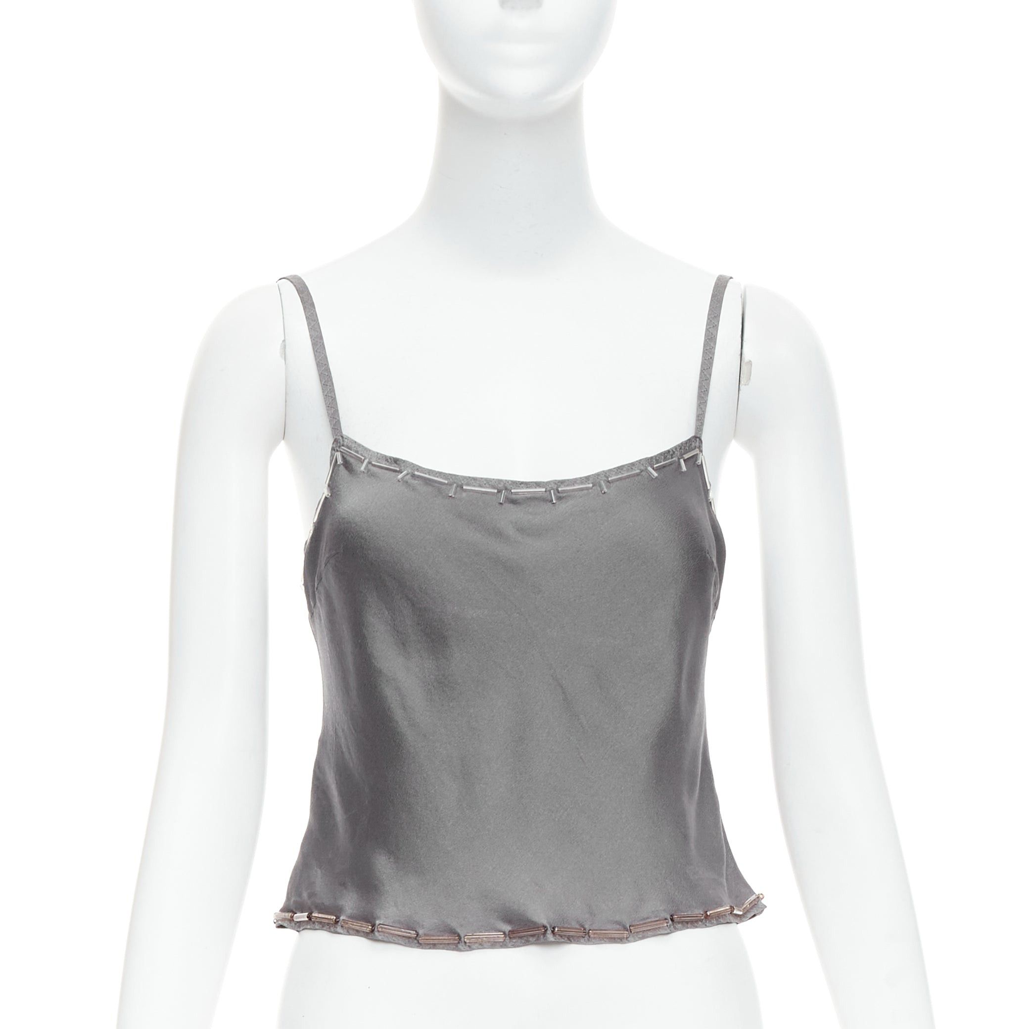 Prada Vintage 100% Silk Grey Clear Long Bead Embellished Camisole Top It38 Xs, Women's