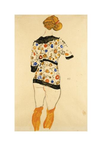 Premium Giclee Print: Standing Woman in a Patterned Blouse by Egon Schiele: 20x14in