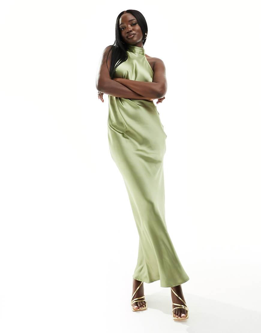 Pretty Lavish Bridesmaid Raleigh backless satin maxi dress in olive-Green