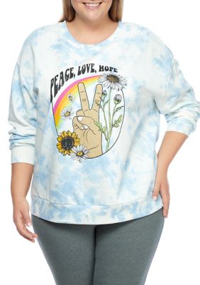 Pretty Rebellious Plus Size Fleece Tie Dye Peace Graphic Sweatshirt, Blue, 1X