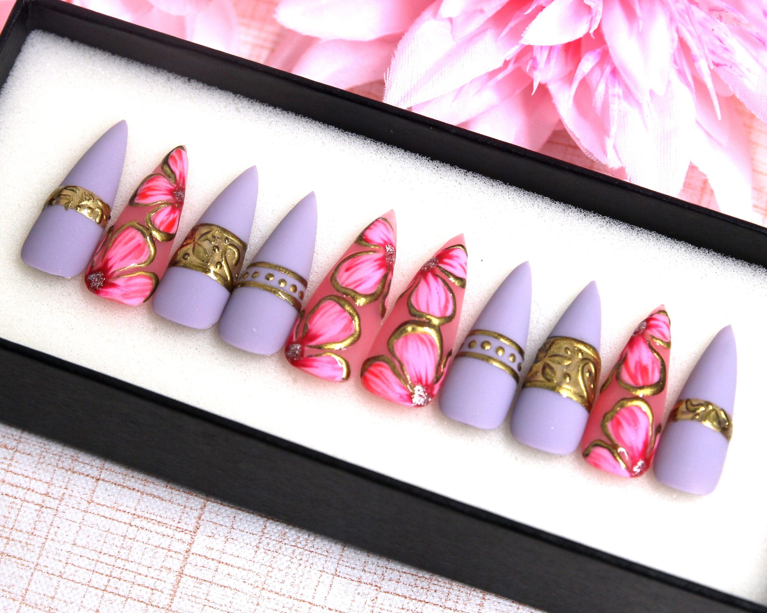 Princess Of Persia Press On Nails | Long Stiletto Nail Set Floral Glue Pastel Fake Y2K V117