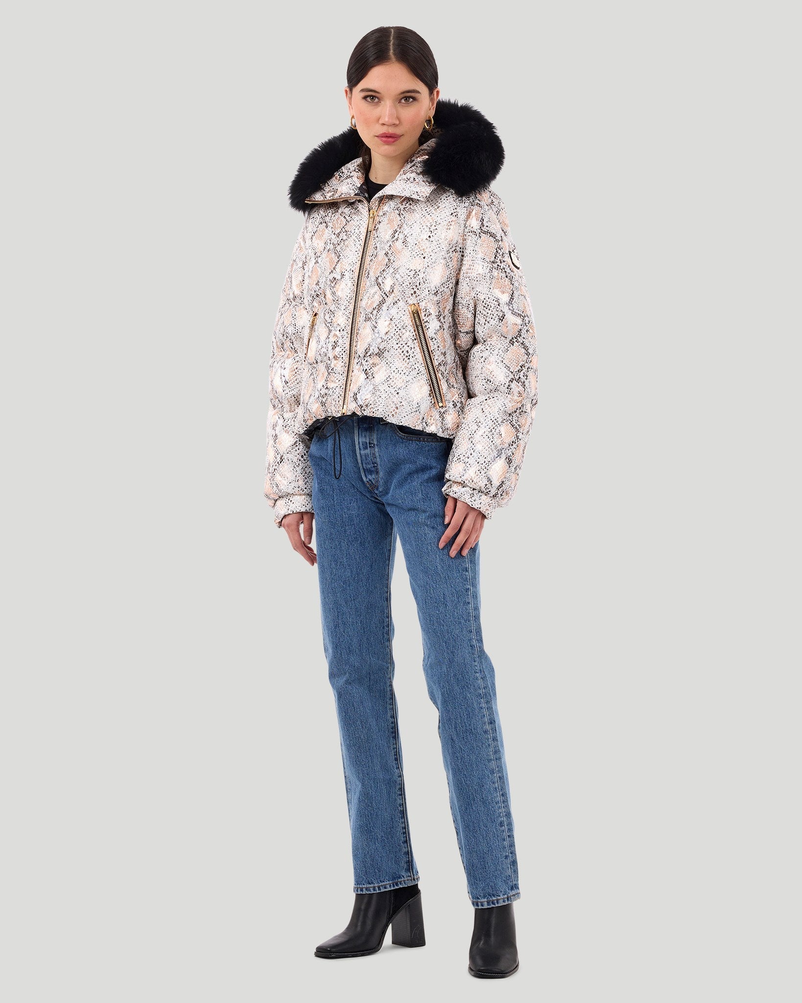 Printed Apres-Ski Jacket with Detachable Toscana Shearling Lamb Hood Trim