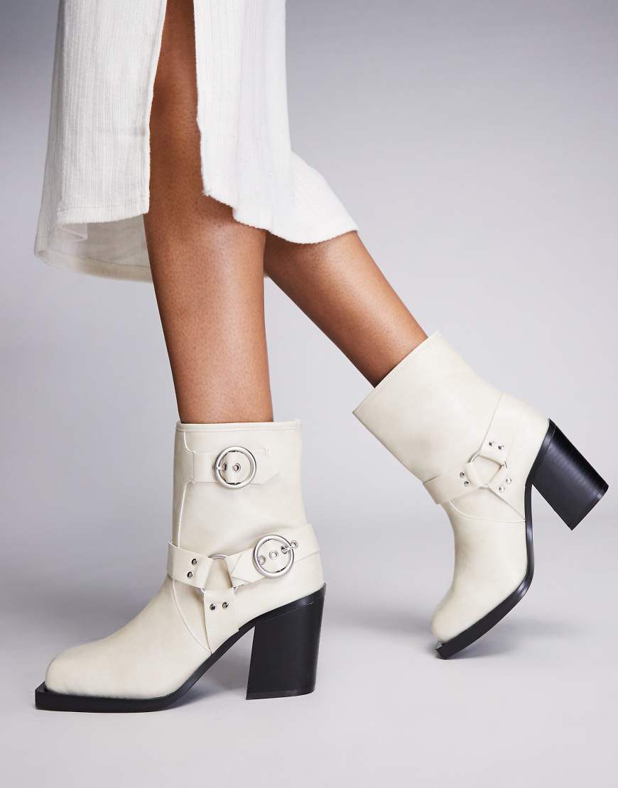 Public Desire Freak heeled ankle moto boots in cream-White