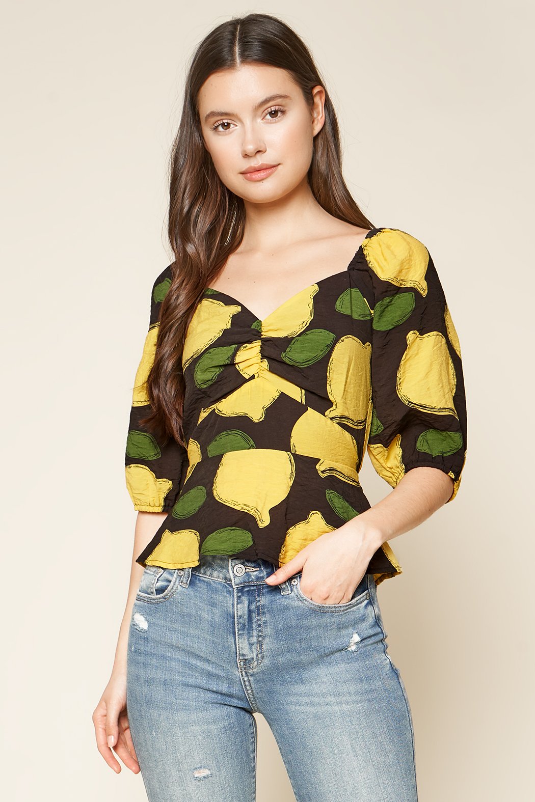 Pucker Up Lemon Print Puff Sleeve Peplum Top