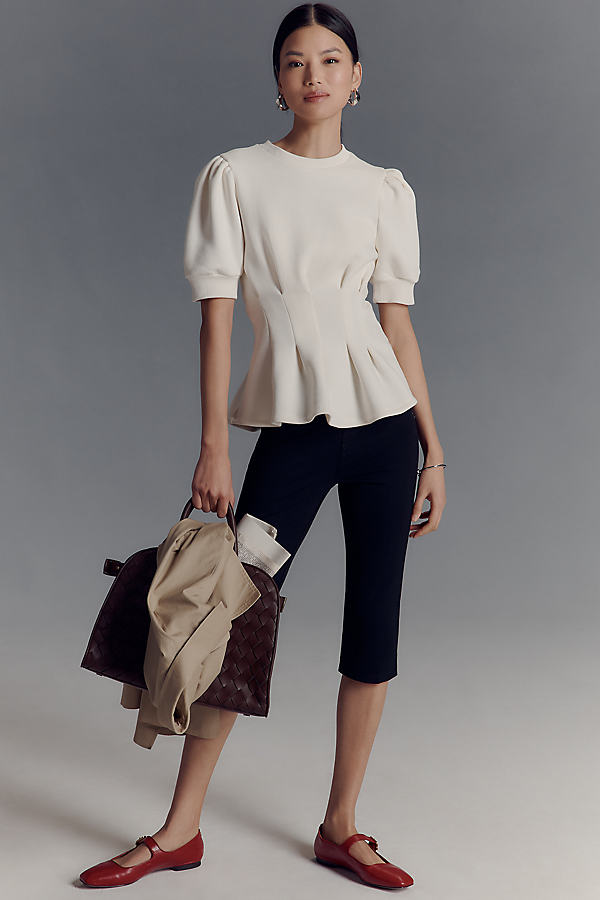 Puff-Sleeve Pleated-Waist Peplum Top