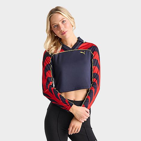 Puma Women's Crop Long-Sleeve Football Jersey Shirt in Blue/Ruby Red Size XS