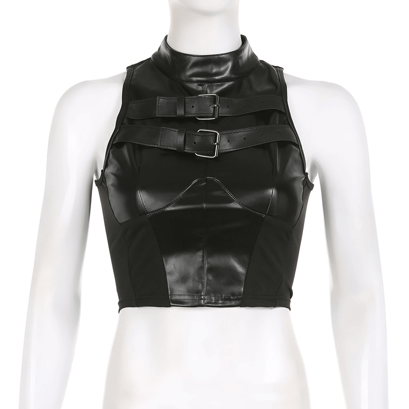 Punk Leather Buckles Up Tank Top / Women's Sleeveless Patchwork Crop Top