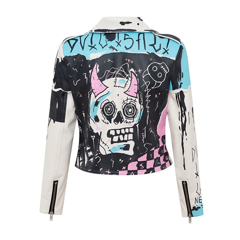 Punk Rock PU Leather Jacket for Women / Short Slim Graffiti Print Jackets