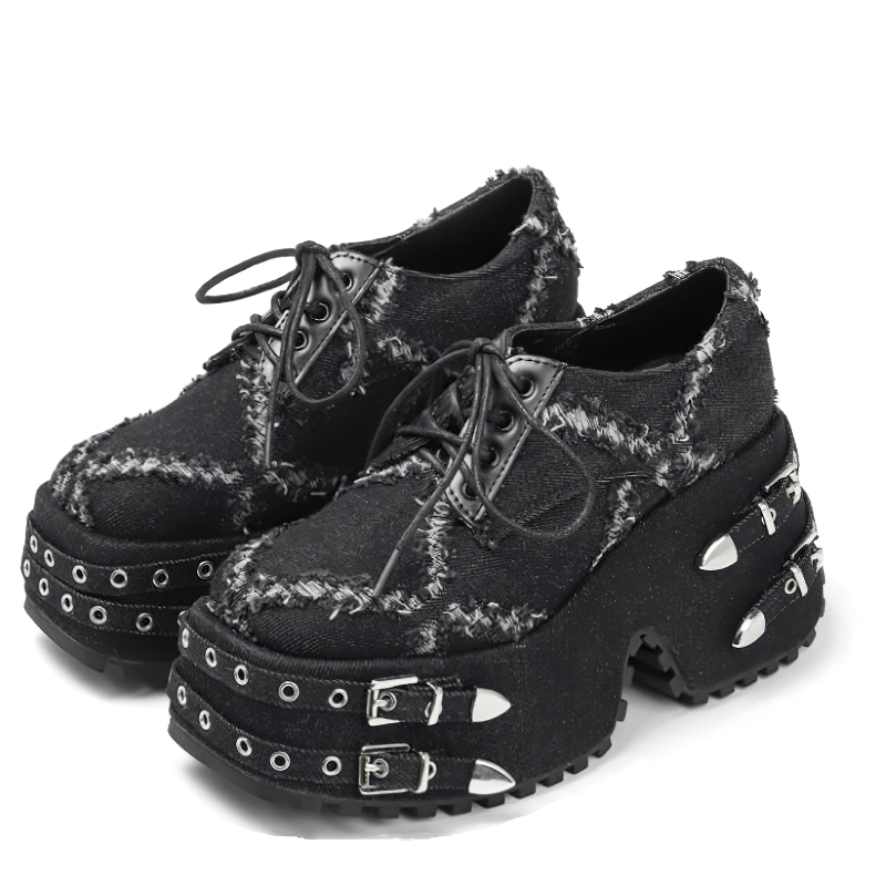 Punk Style Thick High Platform Shoes with Buckles and Fringe / Metal Rivets Denim Shoes