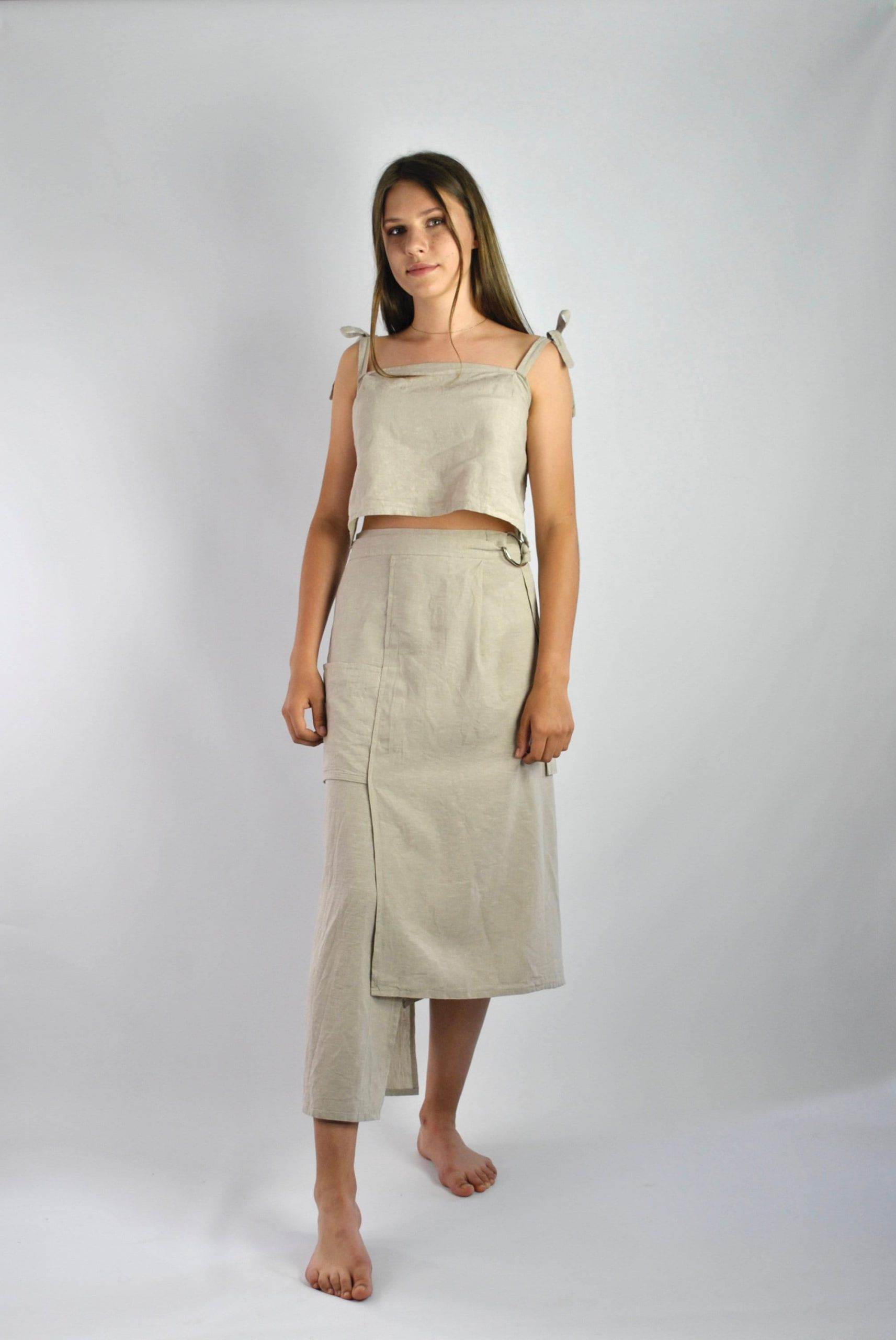 Pure Linen Skirt & Blouse, Dress, Beige Colour, Wrap Around Skirt, With Ties, Office Modern Geometric Dress No. 15 Natural