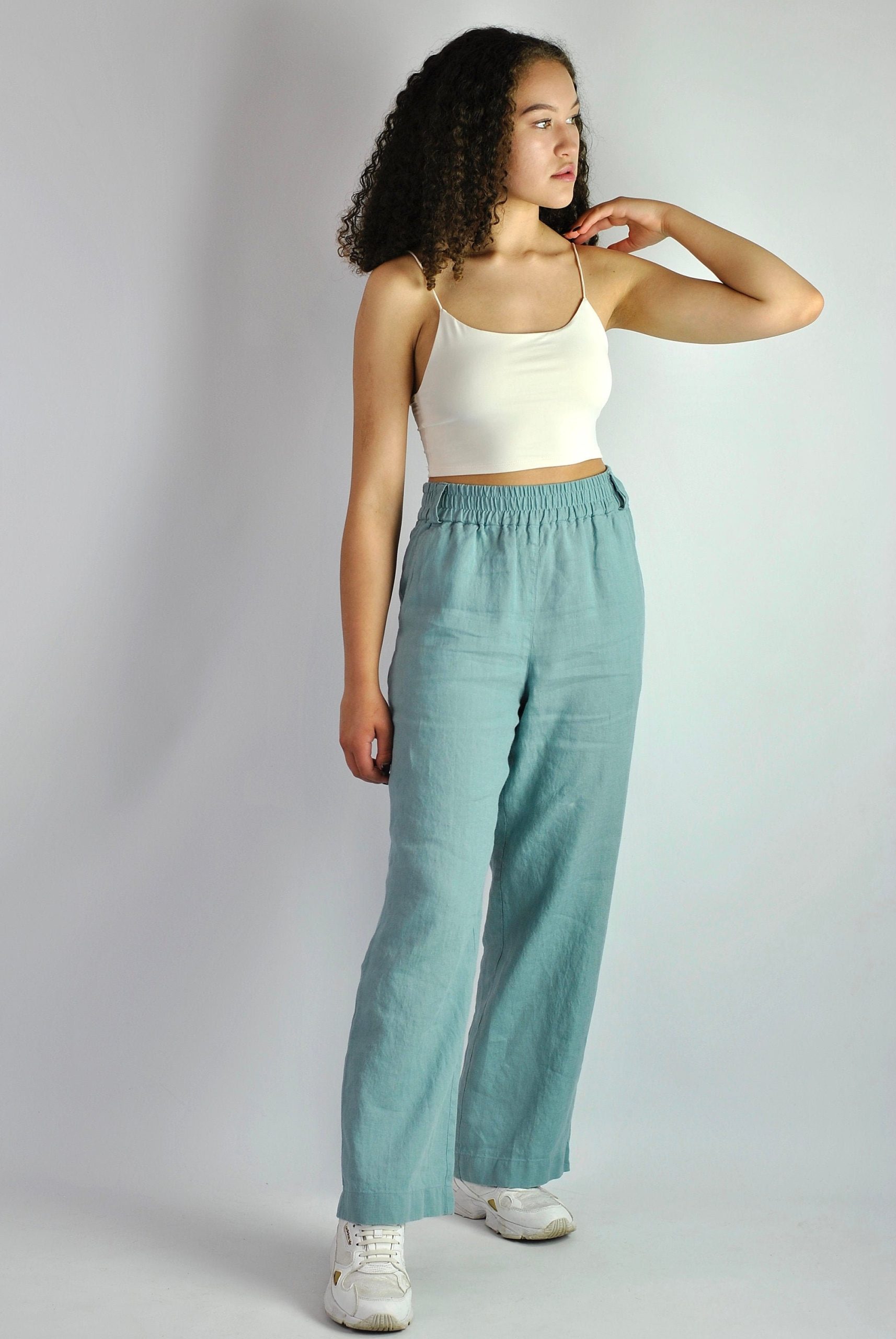 Pure Linen Wide Turquoise Trousers, Summer Flares, Tailored Pants, Trousers With Pockets, Beach Pants Loose Fit, No. 82