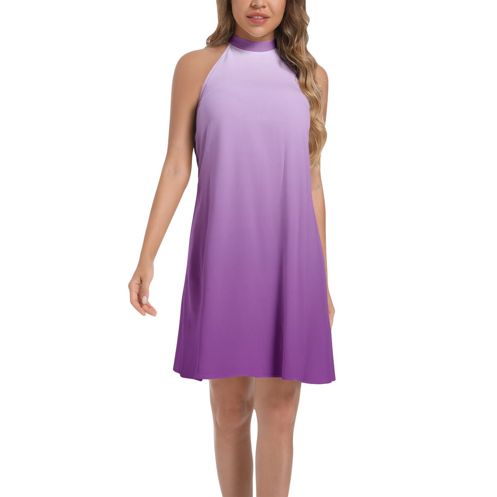 Purple Dress For Women, Tie Back Halter Neck Flared Dress, Dramatic Gradient, Formal Event