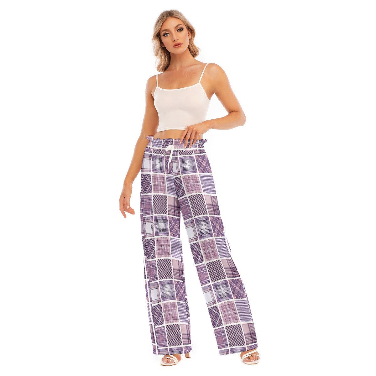 Purple Plaid Checker Pattern Print | Women's Waist Fungus Edge Wide-Leg Pants