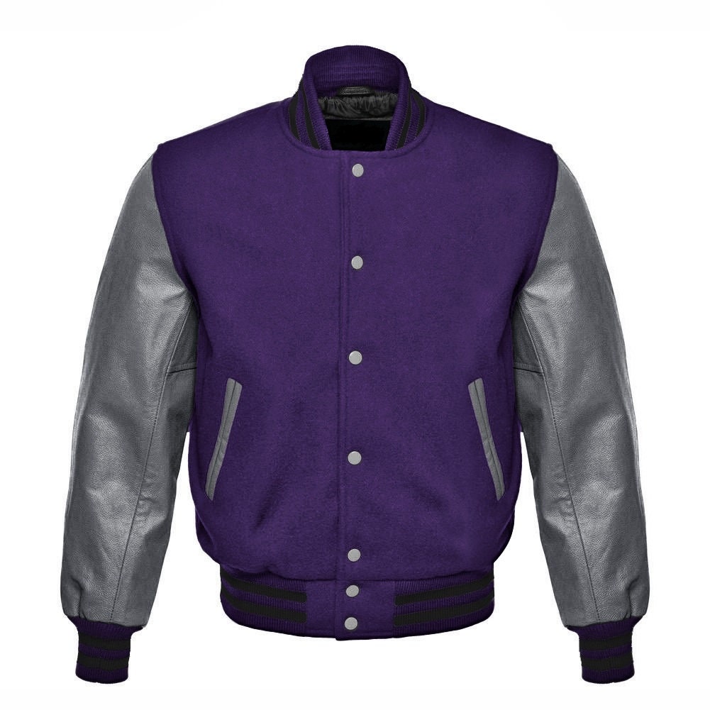 Purple Varsity Baseball Letterman College Bomber Jacket with Real Gray Cowhide Leather Sleeves Xs-4Xl(All Color Available