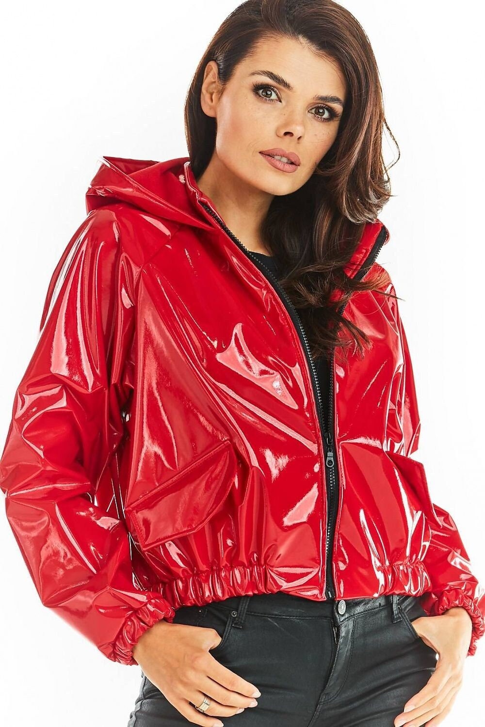 Pvc Patent Cropped Parka With Hood, Raincoat, Hooded Red Coat, Lacquer Vinyl Trench Patent Women Short Jacket