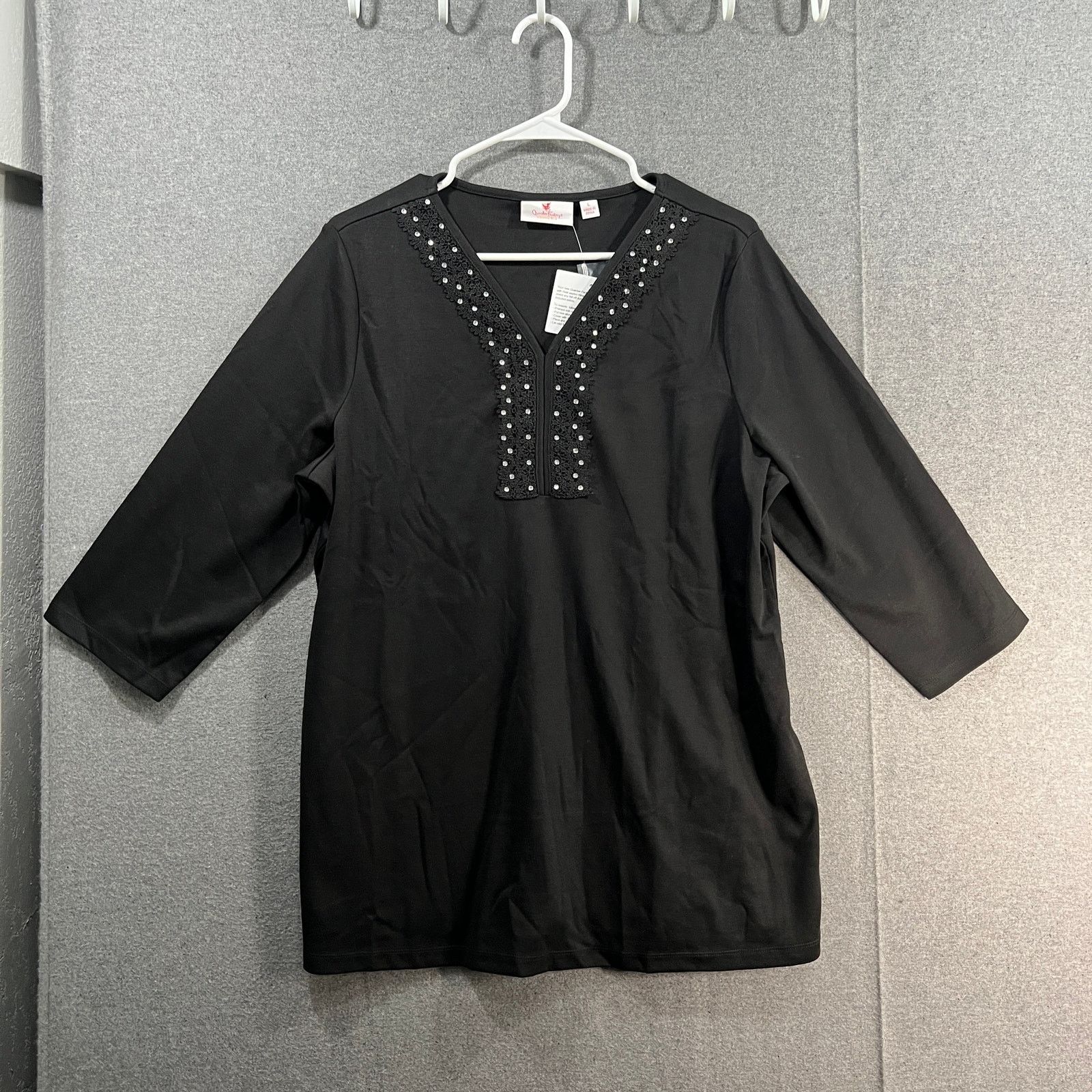 Quacker Factory Sparkle & Shine 3/4 Sleeve Tunic Top Black, Women's (Size Large)