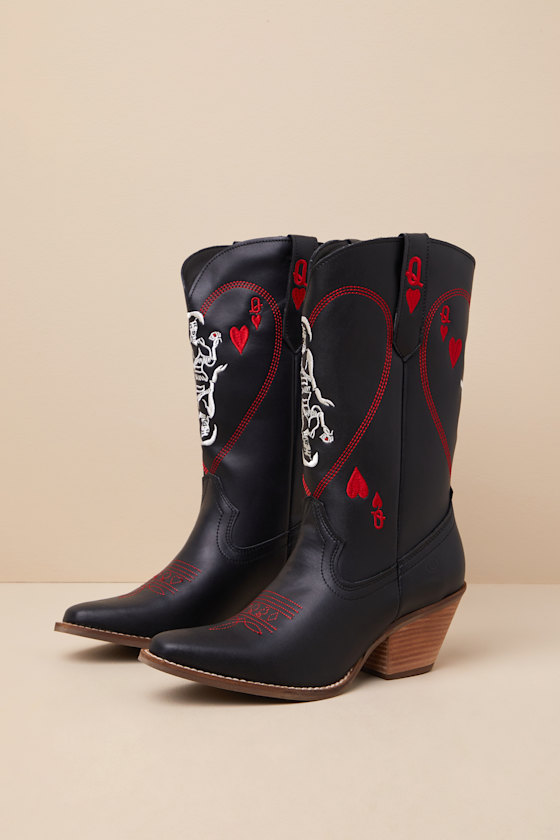 Queen A Hearts Black Leather Knee-High Western Boots