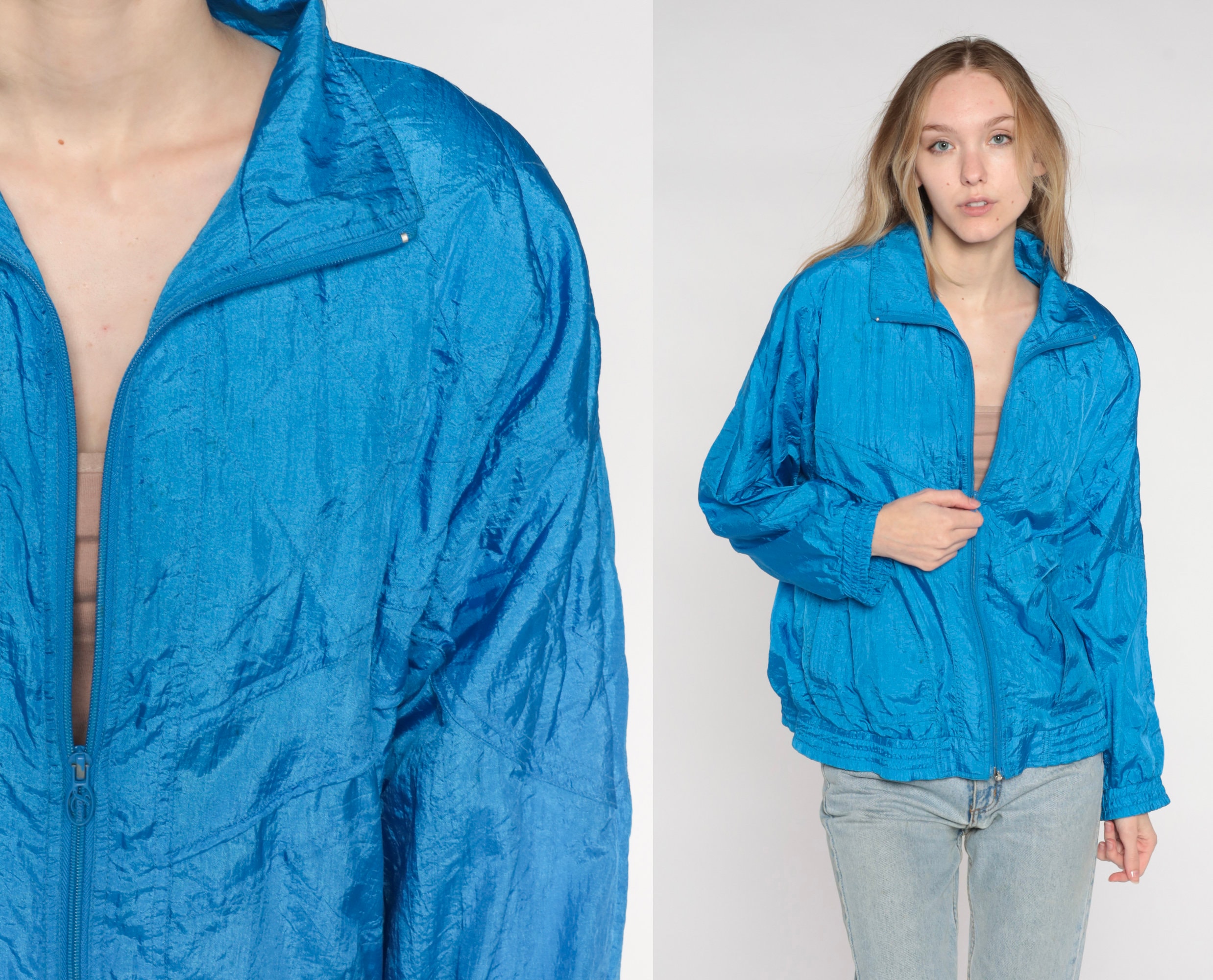 Quilted Blue Windbreaker 80S 90S Zip Up Jacket Plain Retro Track Nylon Shell Normcore Shiny Basic Lightweight Vintage Medium