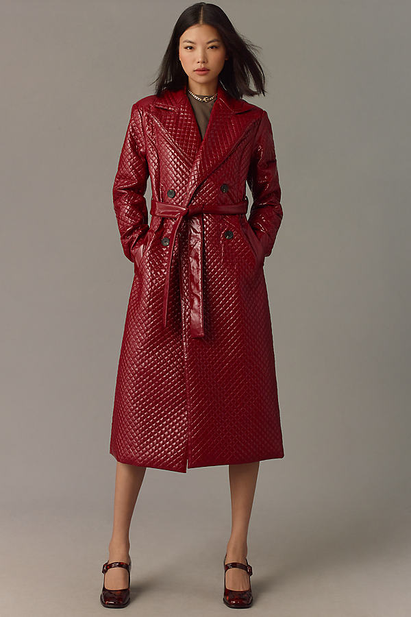 Quilted Faux-Ever Leather Belted Trench Coat