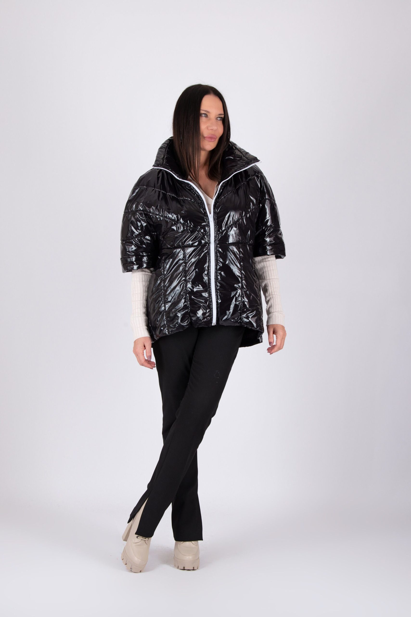 Quilted Puffer Short Sleeves Black Jacket, Winter Coat, Wide Warm Coat Silena - Ct1060Pl