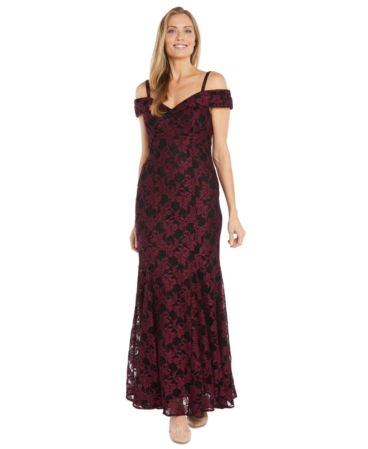 R & M Richards Women's Embroidered-Mesh Mermaid-Skirt Gown - Merlot/Black