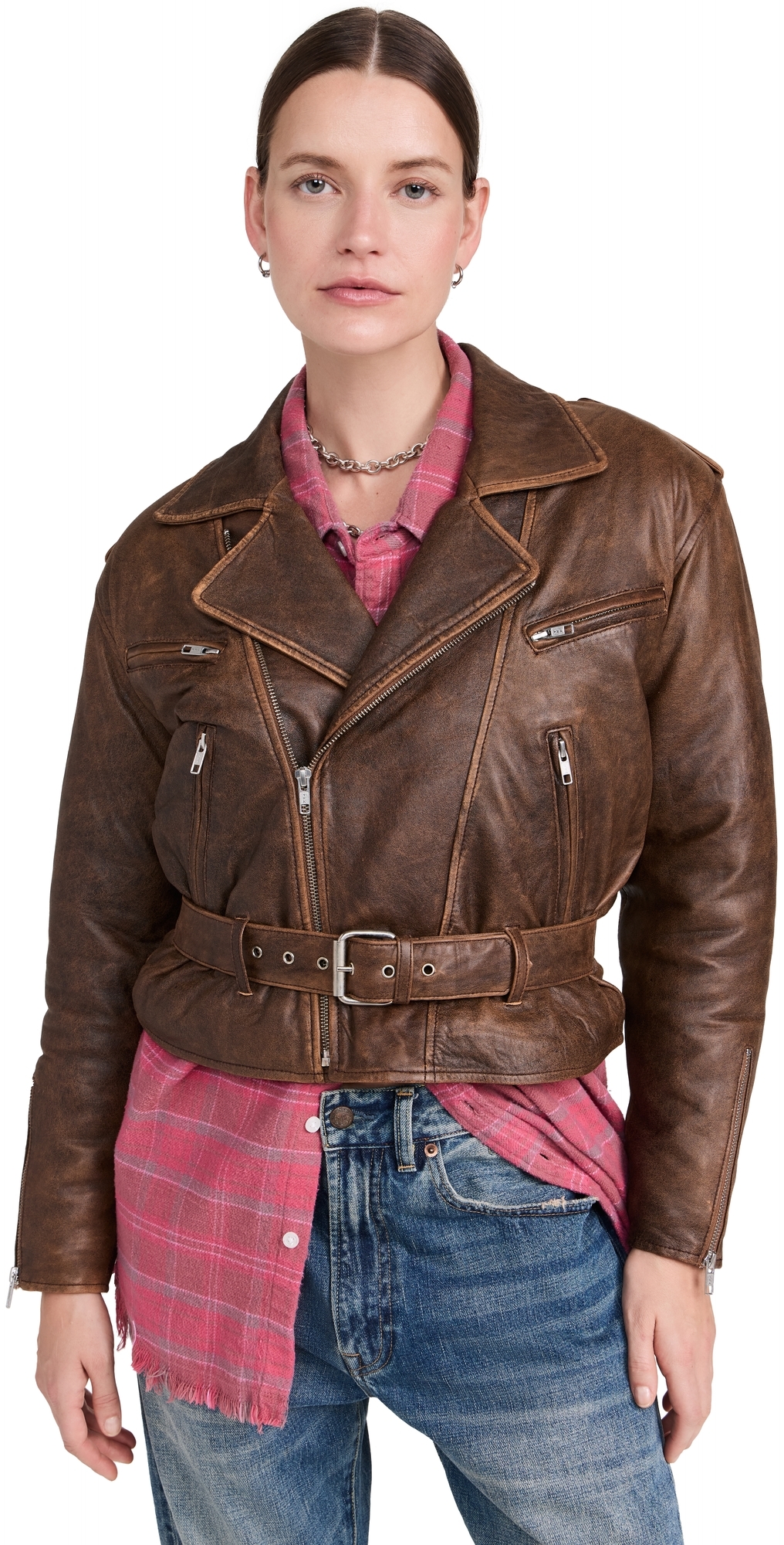 R13 Exaggerated Shoulder Motorcycle Jacket Brown Leather M