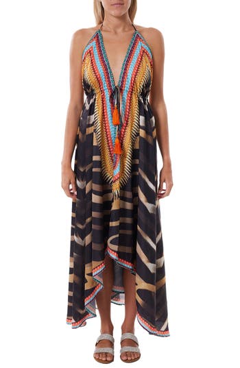 RANEES Halter Neck Stripe Print Dress in Black at Nordstrom Rack