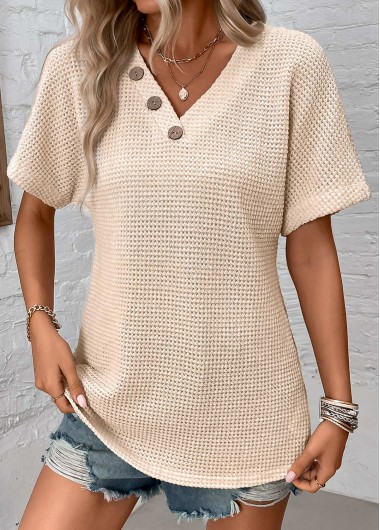 ROTITA Button Beige V Neck Short Sleeve T Shirt