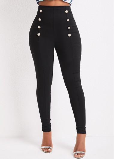 ROTITA Button Black Skinny Elastic Waist High Waisted Pants