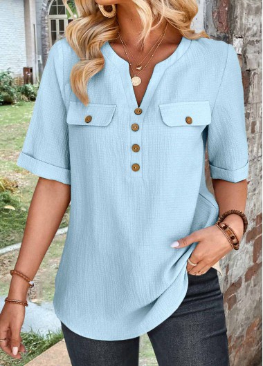 ROTITA Button Light Blue High Neck Half Sleeve Shirt