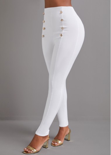 ROTITA Button White Skinny Elastic Waist High Waisted Pants