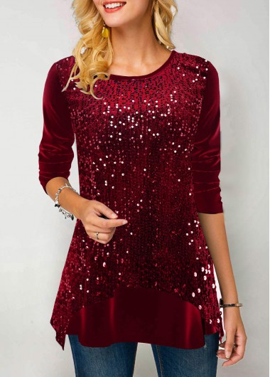 ROTITA Christmas Design Wine Red Sequin Velvet Stitching Sweatshirt