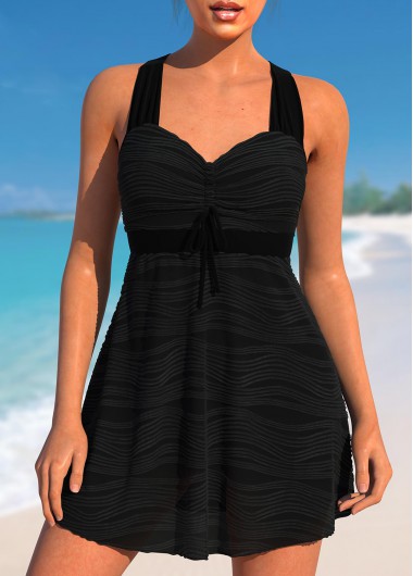 ROTITA Cross Strap Wave Mesh Black Swimdress Top