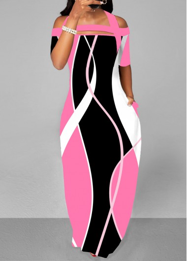 ROTITA Cut Out Geometric Print Pink Maxi Dress