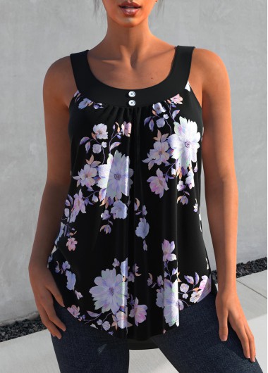 ROTITA Floral Print Decorative Button Black Tank Top