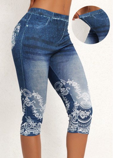 ROTITA Floral Print Denim Blue Skinny Elastic Waist Pants