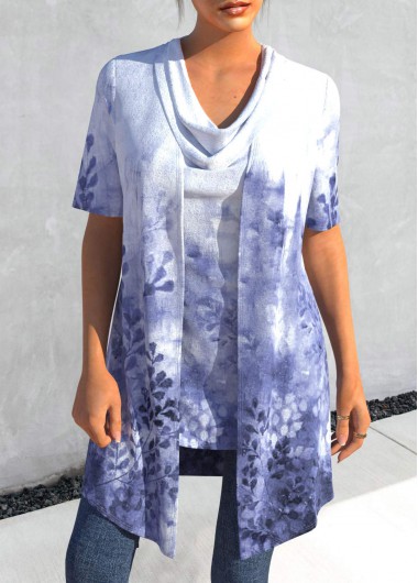 ROTITA Leaf Print Purplish Blue Tank Top and Lightweight Cardigan