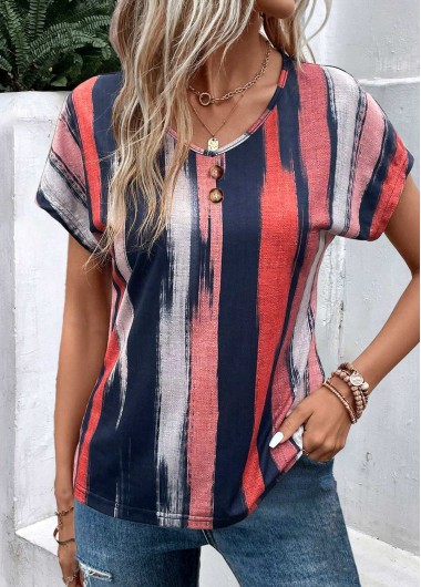 ROTITA Lightweight Striped Multi Color V Neck T Shirt