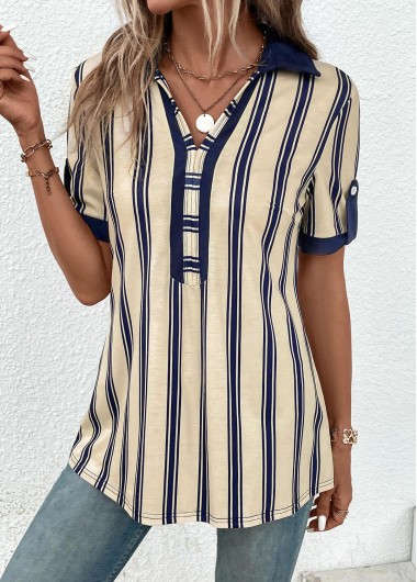 ROTITA Patchwork Striped Beige Shirt Collar Short Sleeve Blouse