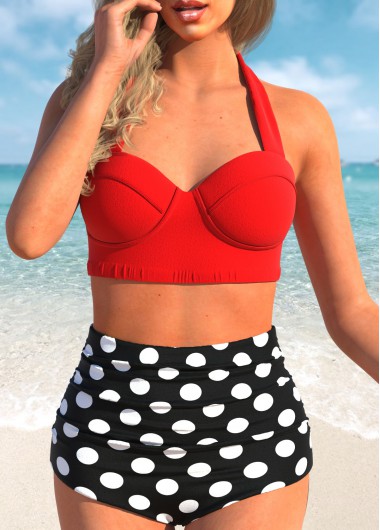 ROTITA Polka Dot Print Halter Neck High Waist Bikini Set