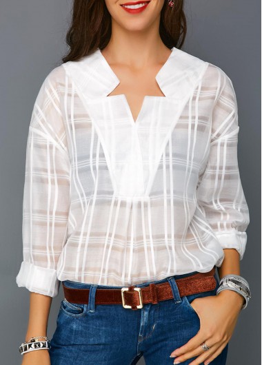 ROTITA Roll Sleeve Curved Hem White Blouse