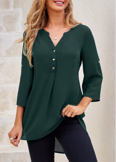 ROTITA Split Neck Heart Shape Button Blackish Green Blouse