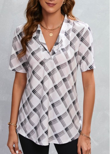 ROTITA Striped Plaid Beige V Neck Blouse